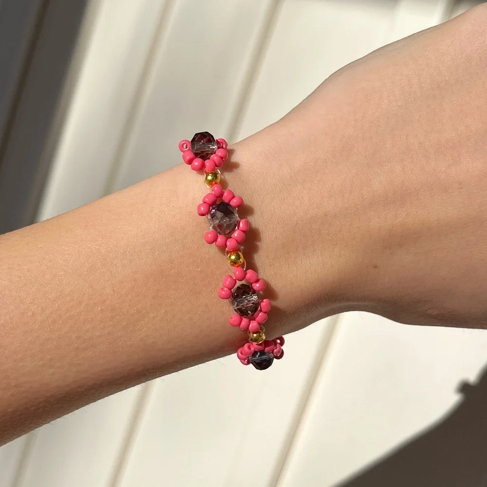 5 for $25 Handmade beaded pink & navy hourglass lobster claw clasp bracelet